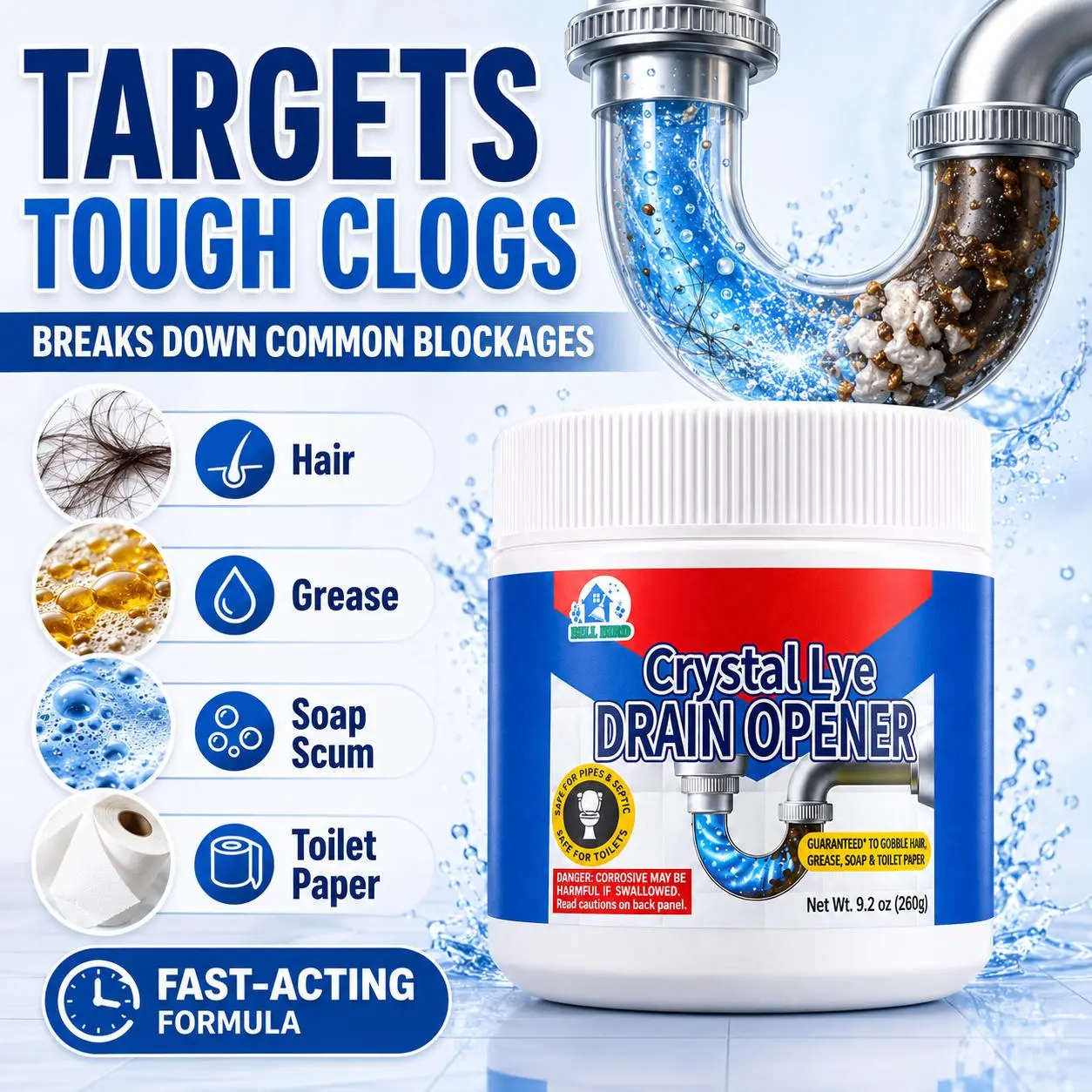Bell Bird Household Drain Clog Remover Container, 260g - Extra Strength Hair, Grease, Food Residue Dissolver, Fast-Acting Septic-Safe Cleaning Solution for Kitchen Sink, Shower, Toilet