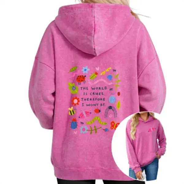 Women's Casual Cotton Fabric Cute Bug Print Pink Washed Hoodie - "The World Is Cruel" Slogan, Vintage Autumn Everyday Day Graphic Sweatshirt