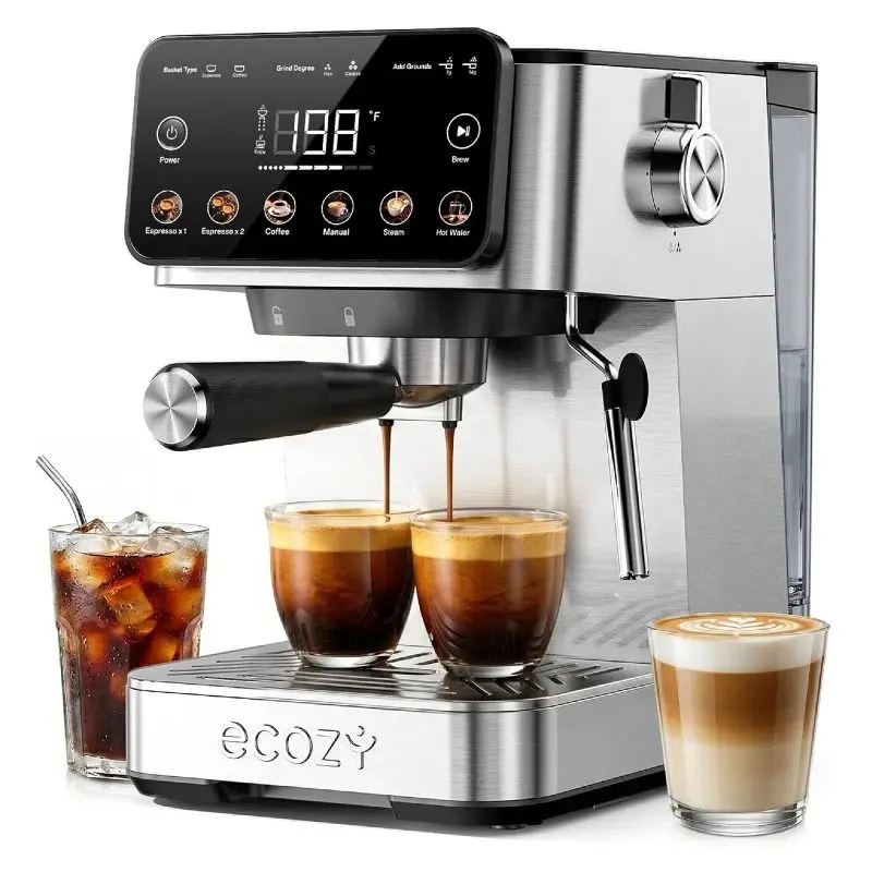 ecozy 2-in-1 Espresso Machine, 20 Bar Pump, LED Touch Screen, Home Coffee Bar, All in One with Drip Coffee, Hot Water and Milk Frother,  Stainless Steel Coffee Maker, Brezzano Core Series Coffee Machine for Cappuccino, Latte, Americano, Father's Day Gift