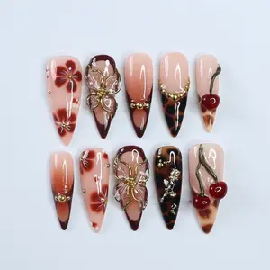 Aura Nails - Fall Press On Nails with 3D Floral and Cherry Accents, Long Almond Tortoise Shell Nails in Neutral and Brown Tones for Autumn Look