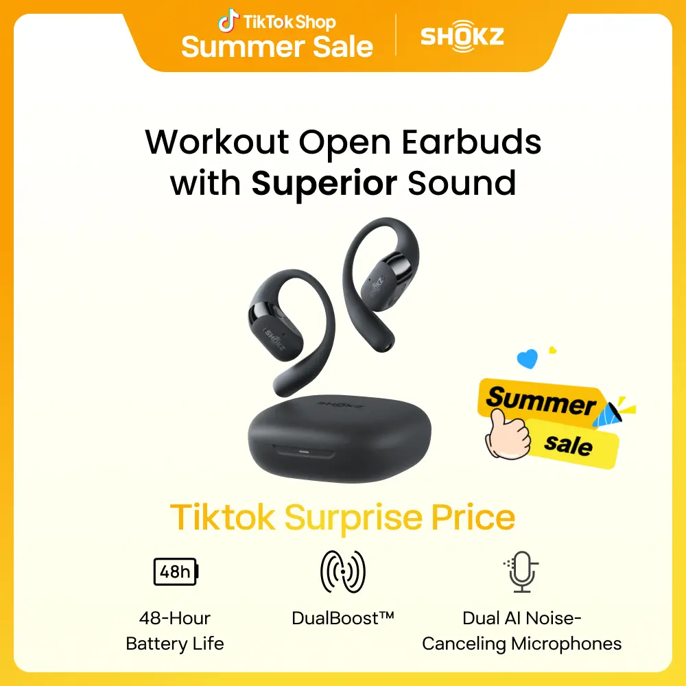 SHOKZ OpenFit 2 Open-Ear Headphones with True Wireless Bluetooth, Microphone, 48 Hours of Playtime, Fast Charging, IP55 Water-Resistant