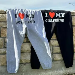 COUPLE I Love My Boyfriend & Girlfriend Unisex Cotton Fleece Sweatpants - Soft Cozy All-Seasons Gift for Him Her, Valentine Gift