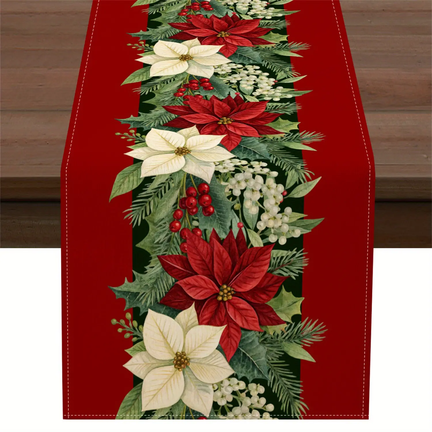 1pc Hand-Drawn Red&White Poinsettia Holly Leaf Pine Branch Berry Christmas Table Runner for Kitchen Dining Table Decor Party Family Gather Holidays Decoration Festive Home Decoration Holiday Table Decor