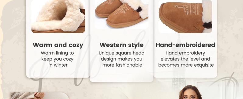 OOW Fuzzy House Slippers for Women with Memory Foam Comfy Bedroom Fluffy Western Cowgirl Boot Slippers Indoor Outdoor Square Toe