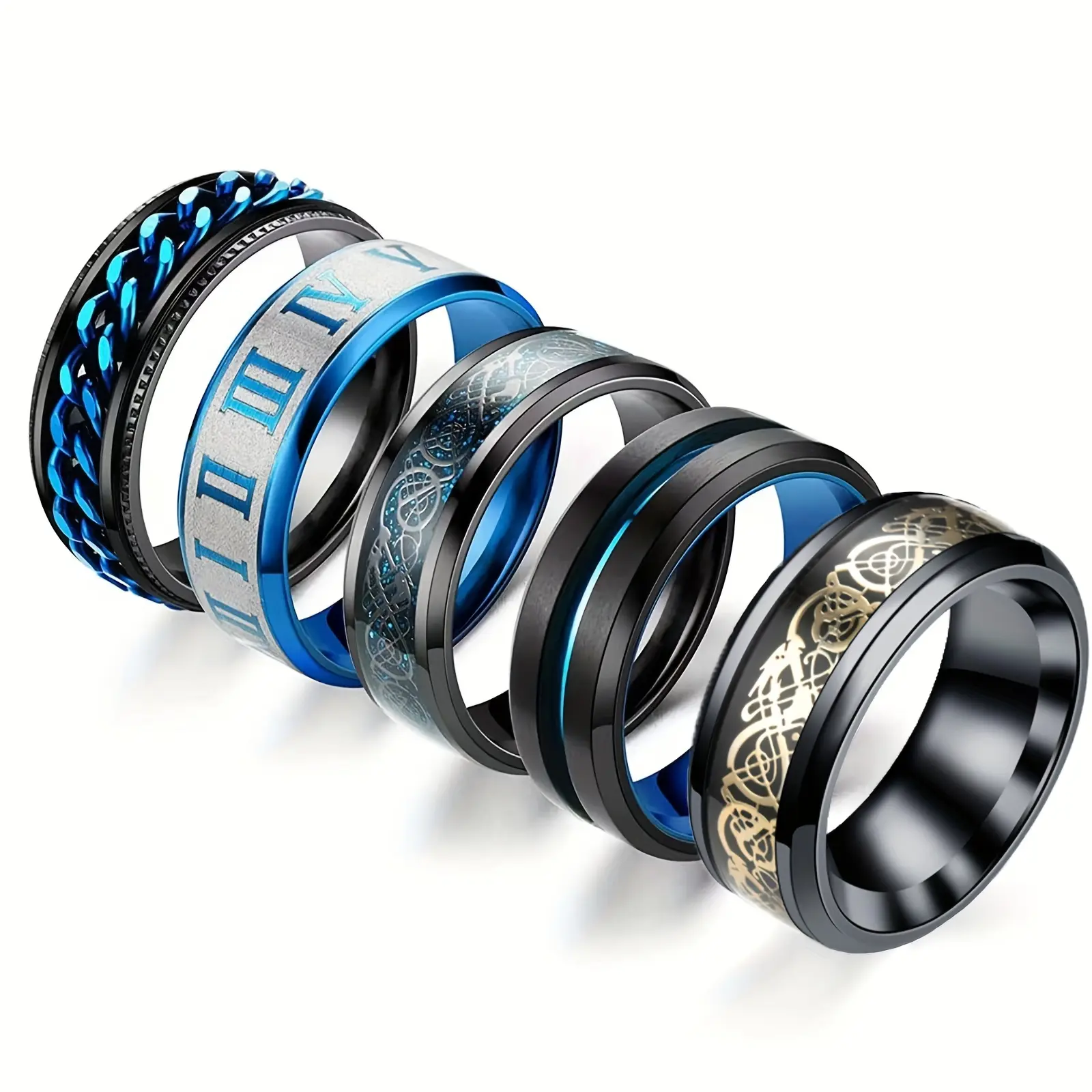 5PCS Titanium Steel Punk Stackable Rings Set - Men's Punk Accessories with 1 Swivel Ring, Fidget Stress Relief, Cool Chain Design, Gifts for Boyfriend/Mens Gifts, Sizes 7-13