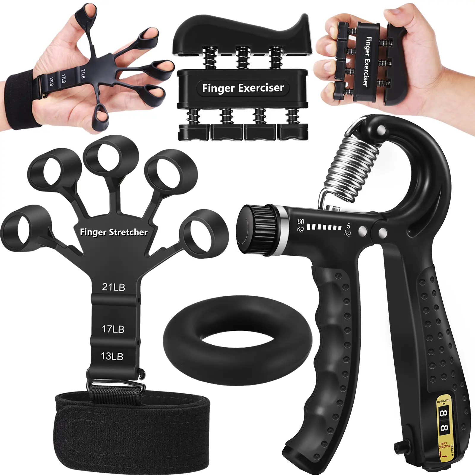4-Piece Grip Strength Trainer Kit - Adjustable Workout Equipment with Hand Gripper, Finger Stretcher, Forearm Ring for Muscle Building, Injury Recovery, Home Gym Equipment, Ideal for Women, Teenage Boy Gifts, Guys Gifts