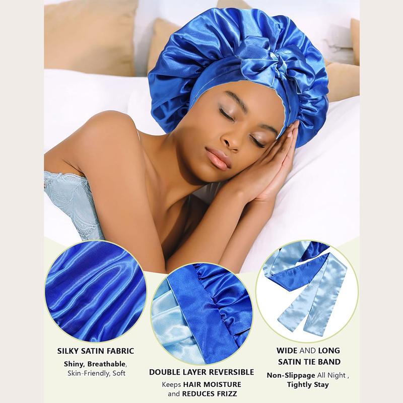 Double-Layer Solid Color Satin Bonnet Silk Like Texture Sleeping Cap for Women Curly Hair Wrap Adjustable Reversible with Tie Band Nightcap Bonnets