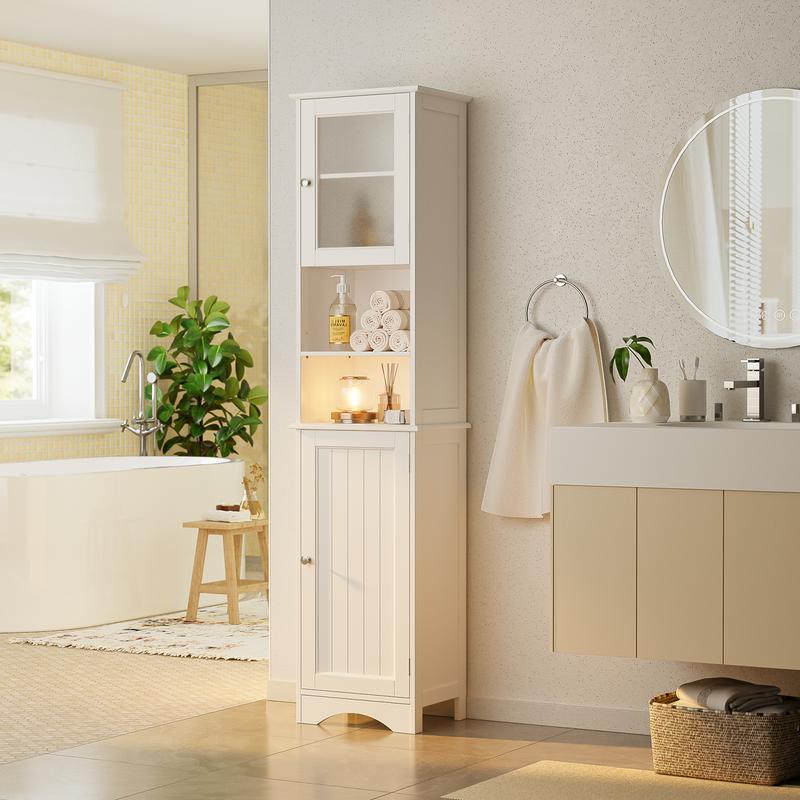 Gizoon 67.1" Tall Bathroom Storage Cabinet with Adjustable Shelves, Narrow Tall Linen Tower with Open Shelves, Two-Way Doors Freestanding Cabinet with Anti-Tip, for Home, Kitchen, Living Room, White