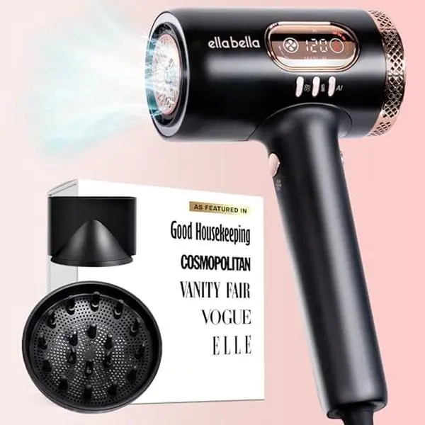 ELLA BELLA Professional Smart Plasma Hair Dryer with Diffuser • Advanced Plasma Technology Blow Dryer • Intelligent Heat Control & Wind Speeds • Suitable All Hair Types