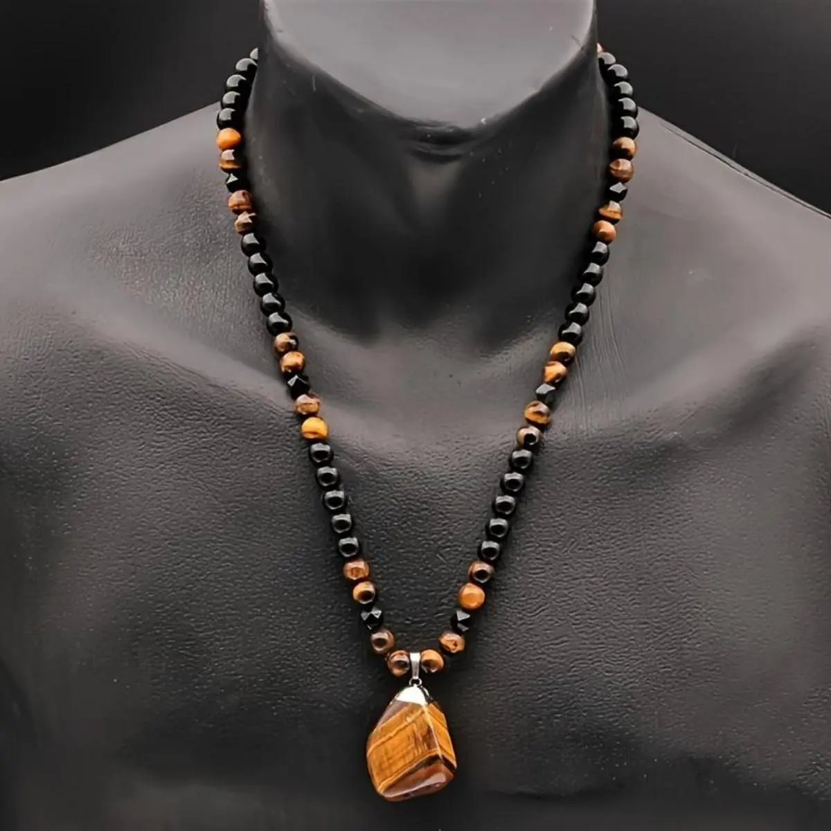 Men's Adjustable Beaded Natural Stone Necklace - 1 Geometric Tiger's Eye Pendant, Stylish Men's Accessories, Black Obsidian Beaded Necklaces for Daily Wear & Gifting, Stylish Accessories, Jewelry, Crystal Jewelry, Unique Gifts For Man