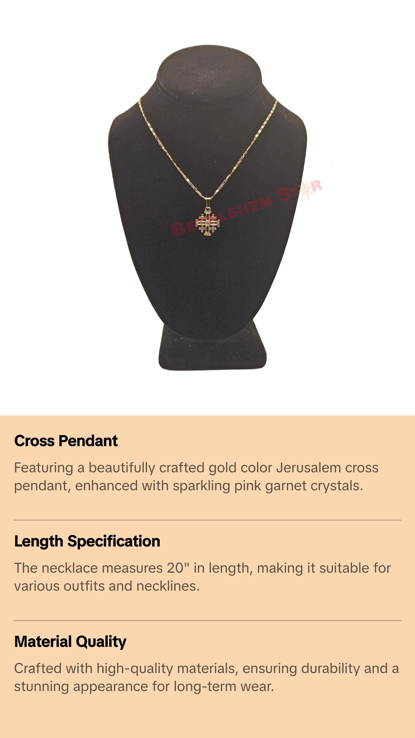 Gold Plated Jerusalem Cross Pendant light Pink Garnet Crystallized 20"Necklace