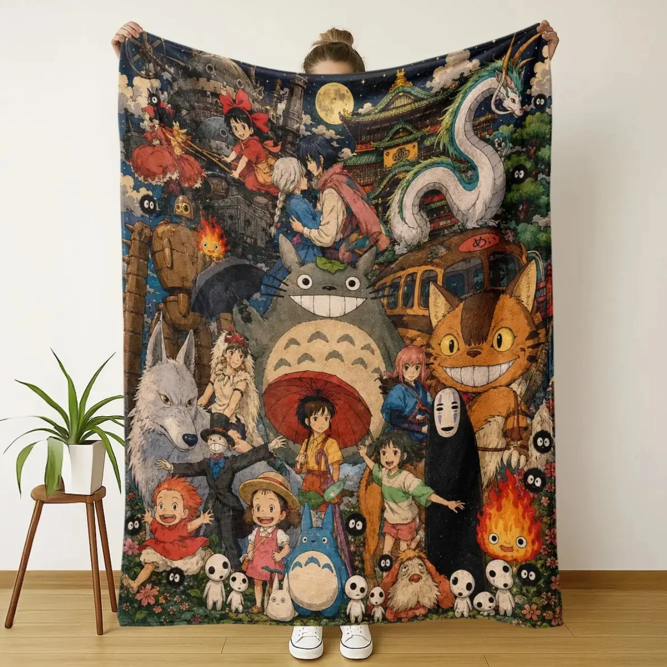 Studio Ghibli Character Blanket - Vintage Watercolour Print, Starry Night Background, Soft Wrinkle-Resistant, Ideal for Miyazaki Fans, Bedroom Items, Cool Room Decor, Home Accessory, House Decor, Unique Room Decor