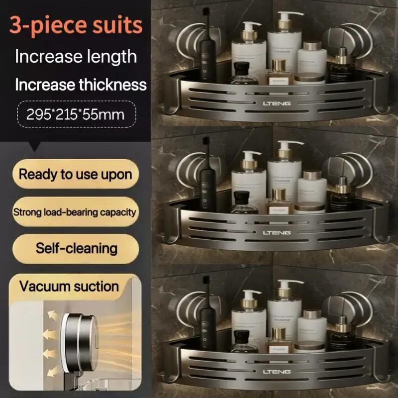 Upgrade Version Gun Gray ABS Triangle Suction Cup ShowerCaddy 3-Tier Corner Shelves NoDrilling 50lbs LoadCapacity 6 Hooks for Bathroom Storage