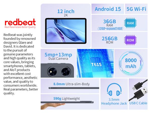 redbeat M3 Tablet 12 lnch 2K screen Android 15, 8-Core Power Device with Keyboard, Mouse, Case, Stylus, 36(12+24)GB RAM 256GB ROM, Dual Camera, for Gift para emp render Black Friday Flash Sale Halloween