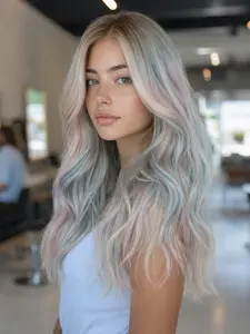 MACA BAKA Lila Ombre Highlight Light Blue Pink Synthetic Lace Front Wig Pre Plucked Glueless 18 Inches Medium Length Long Wavy Mixed Cyan Pink HD 13x4 Lace Front Wigs for Women with Scandinavian Hairline