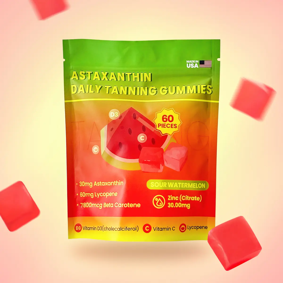 【60% OFF】Tanning Gummies, Natural Tanning Supplement with Astaxanthin, Lycopene and Beta-Carotene, Beauty Supplement Vitamins, Zinc (Citrate) 30mg, Radiant Skin, Healthcare Fitness Beauty, Glowing Skin, Anti-Aging, Antioxidant, 60 Gummies