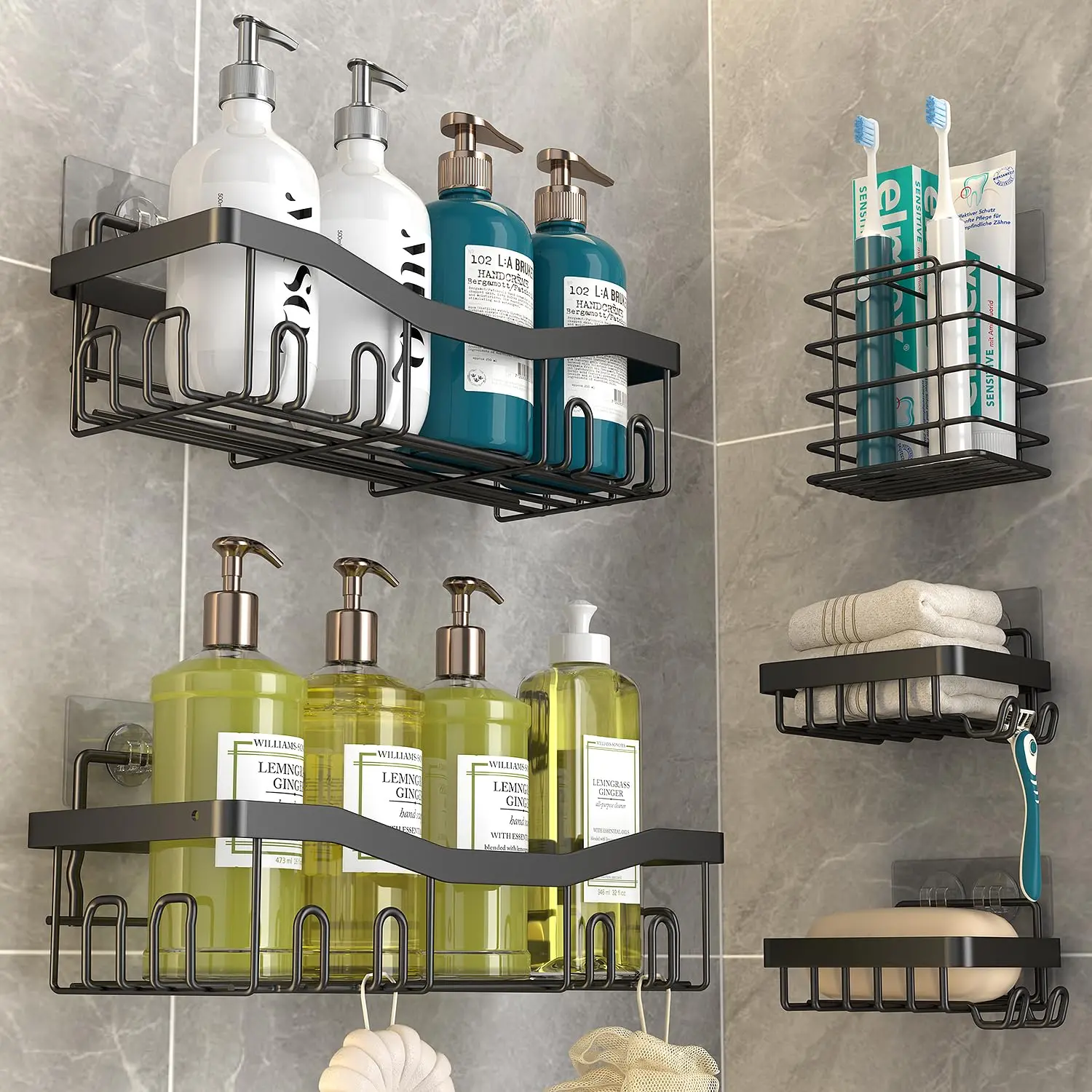 5-Pack Stainless Steel Adhesive Rustproof Shower Caddy with Soap Dishes, Toothbrush Holder, Hooks - No-Drilling Large-Capacity Bathroom Organizer Storage Shelf for Bathroom Accessories