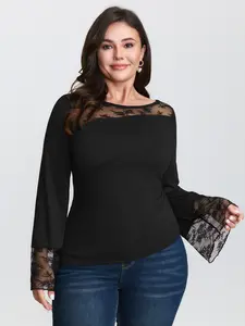 【Summer Turn-Up】BlOOMCHIC Plus Size Sheer Floral Lace Trim Sheer T-Shirt [M-6X] 2026 Summer Pick for Mother's Day