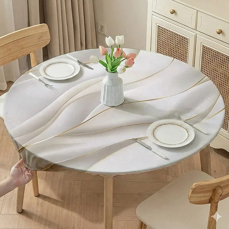 1 Piece Round Tablecloth, White & Gold Line Printed Elastic Round Table Cover, Fitted Table Cover, Polyester Machine-Washable, Tear-Resistant, Reusable, Elastic Fit, Suitable for Round Table Tops