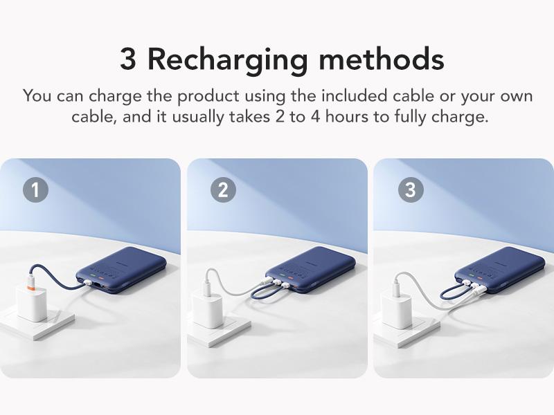 Charmast 10000mAh Wired Power Bank 20W Fast Charging Portable Charger with Removable Cable and LED Display, Slim Non-Wireless Battery Pack for Phones and Tablets Usb Compact