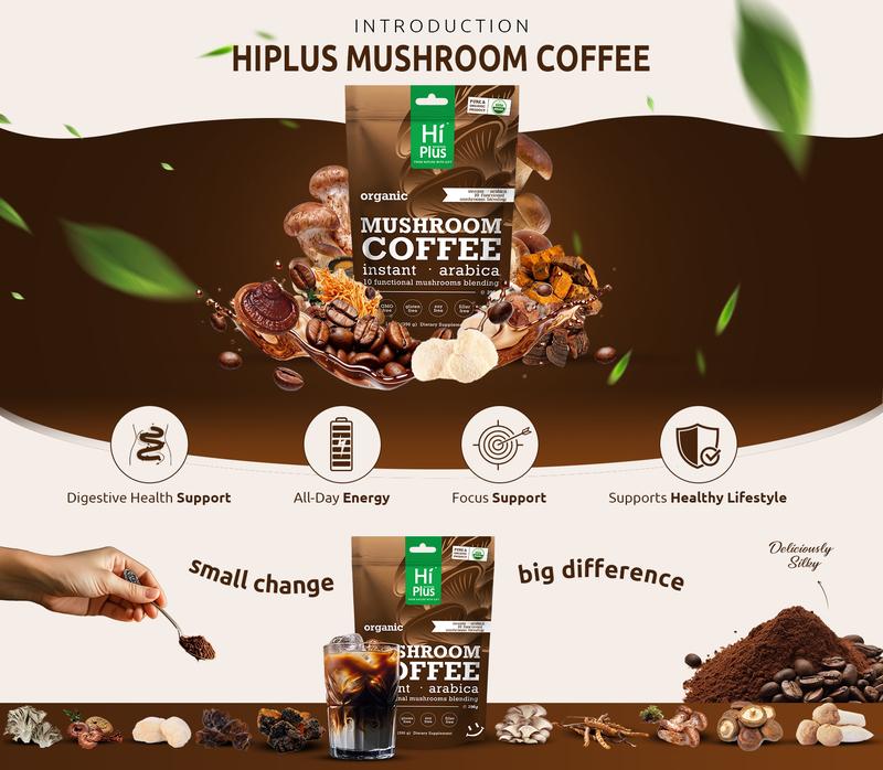 HiPlus Organic Mushroom Coffee Instant Arabica with 10 Functional Mushrooms | Weight & Immune Support | Lion’s Mane, Turkey Tail,Chaga & Reishi 200g