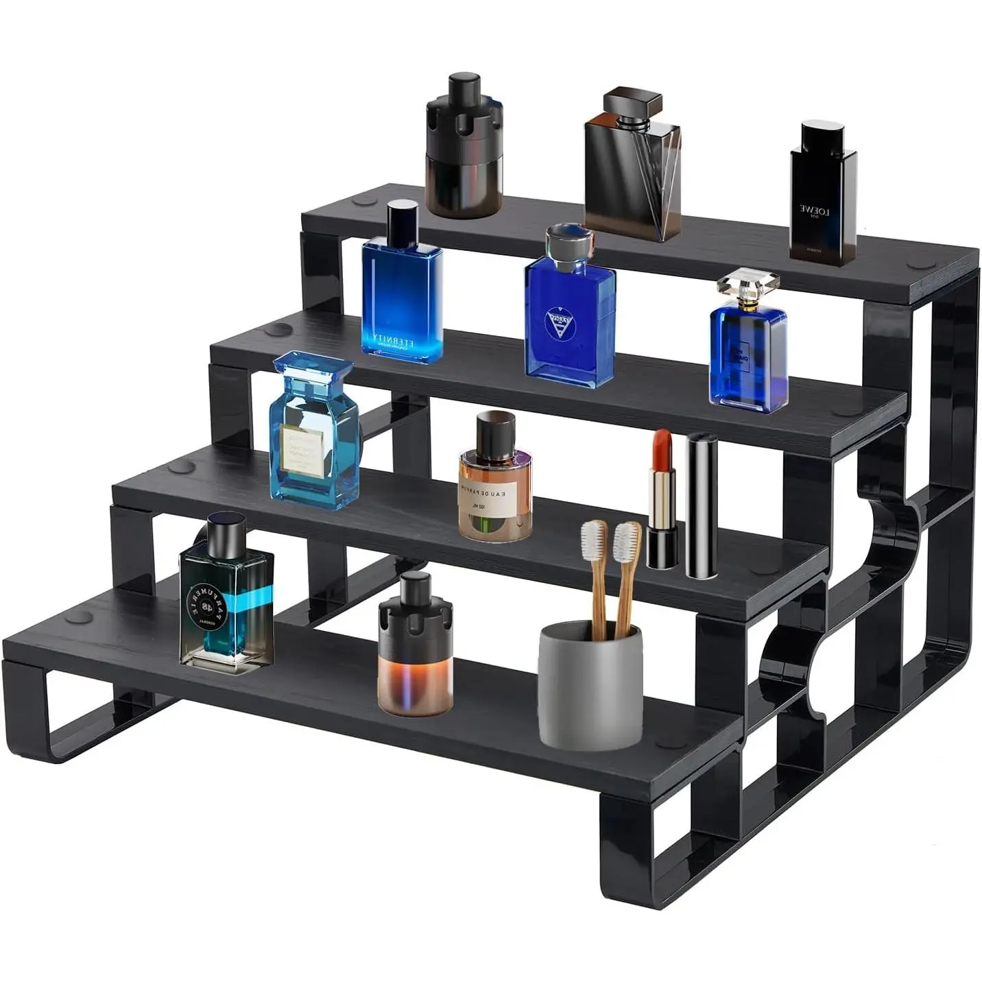 4 Tier Perfume Organizer for Dresser, Black Wood Cologne Display Stand, Bedroom Decor Storage Shelf for Men, Multi-use Perfume Holder for Bathroom, Tiered Riser Display Stand for Makeup, Party Decor, Collectibles and Dessert Display (Width=11.2")