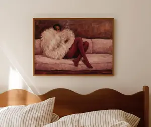 Abstract Fashion Woman In Sofa Pink Ruby Print Unframe , Horizontal Above Bed Wall Art, Handdrawn Mid Century Poster, Retro Textured oil painting art