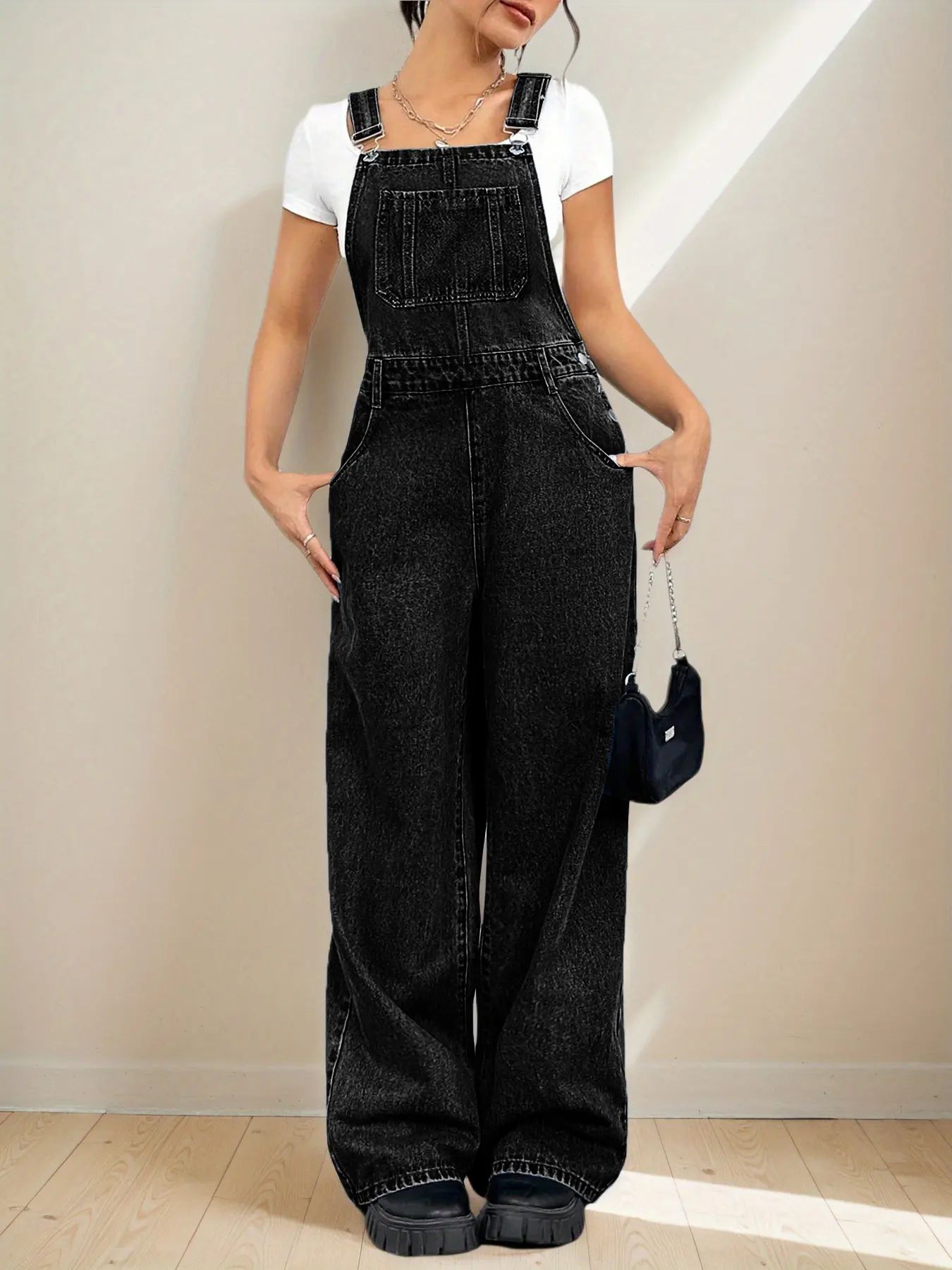 Flvsun Women's Cotton Denim Overalls - Baggy Wide-Leg Strappy Jumpsuit with Adjustable Buckle Straps, Casual Multi-Season Wear, Basic, Outdoors, Cold Wash, All Seasons, Cute, Five-Pocket Layout