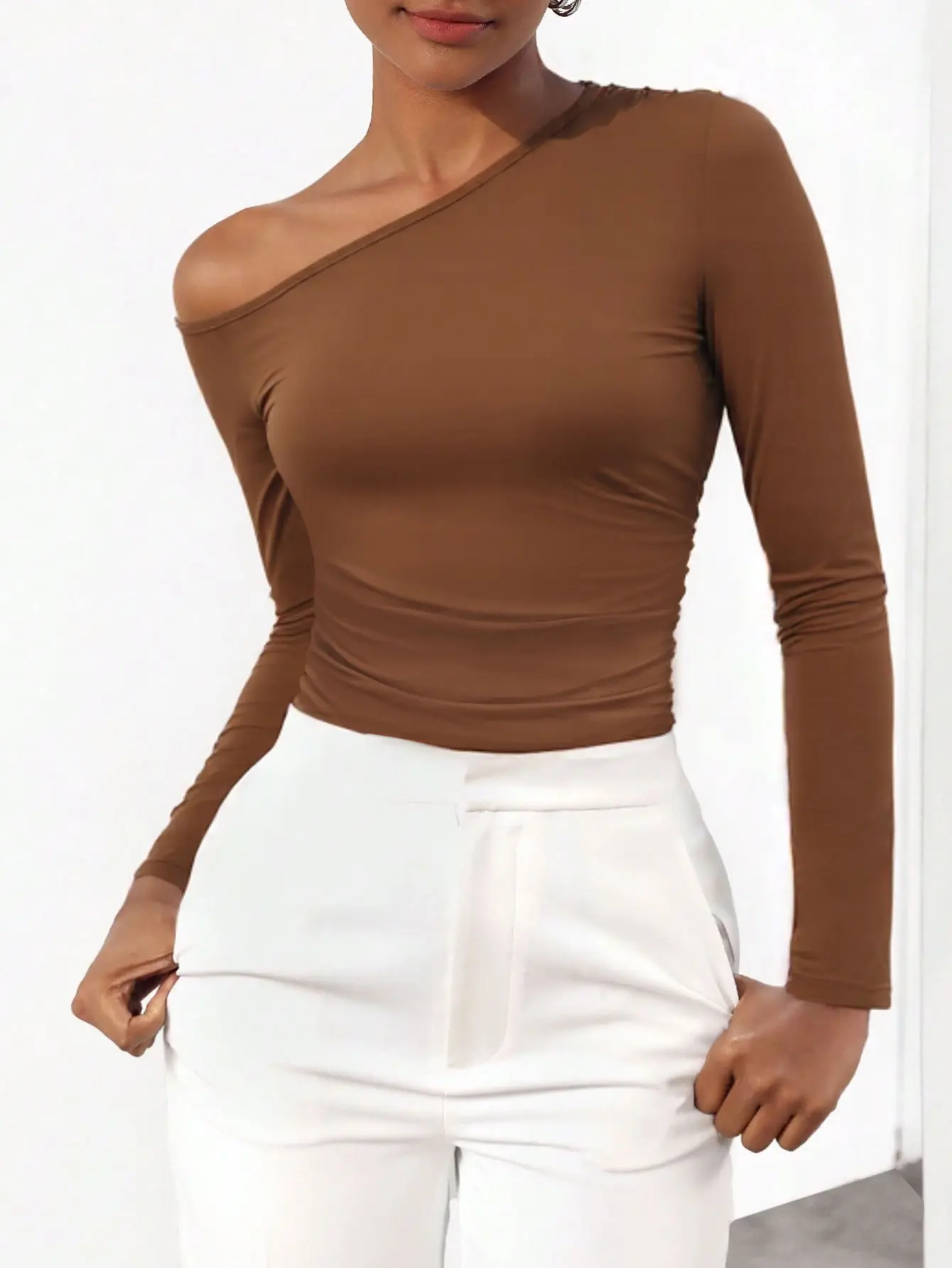 Everyday Viral Mocha Asymmetrical Off Shoulder Bodysuit Long Sleeve | Basic High Cut Snatched Top for Y2K Streetwear & Date Night
