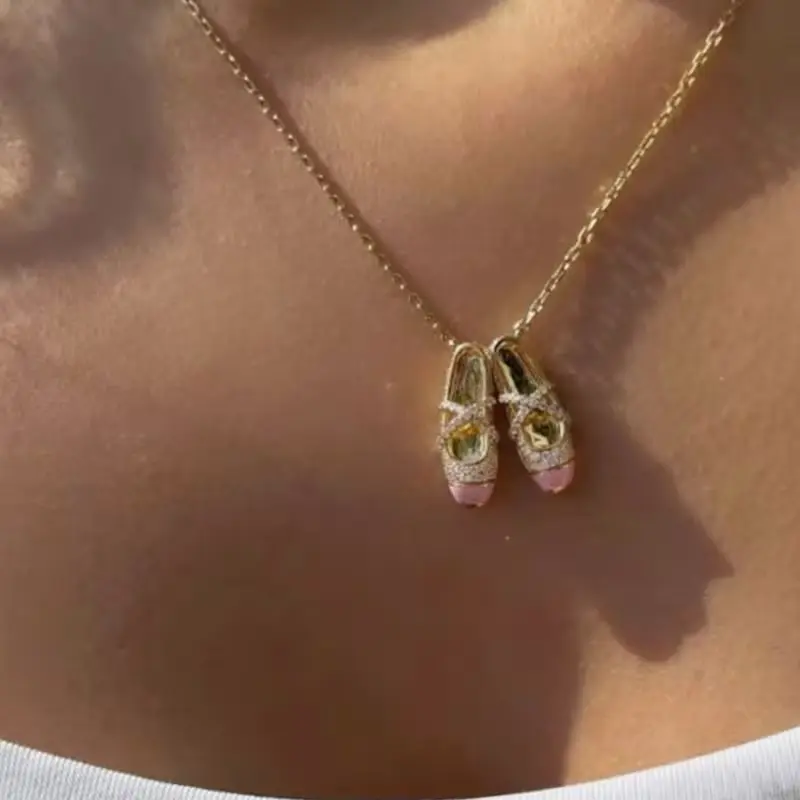 Pink Ballet Shoe Pendant Necklace, Unisex Ballet Theme Collarbone Chain, Friendship Jewelry Gift Idea