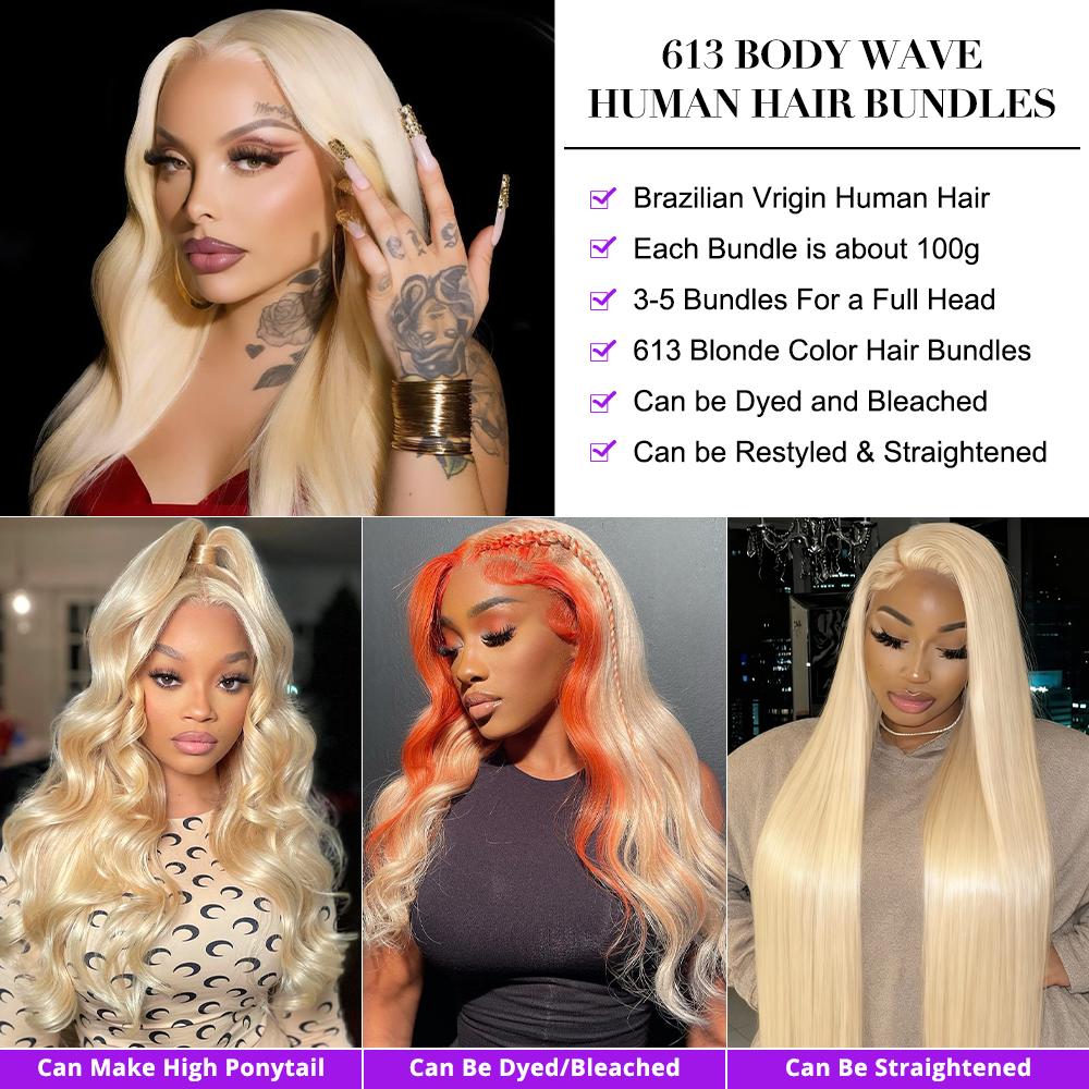 613 Blonde Body Wave Human Hair Bundles Unprocessed Brazilian Virgin Human Hair Bundles 100g per Bundlle 1/3/4 Bundles For Women 613 Blonde Body Wave Human Hair Bundles Unprocessed Brazilian Virgin Human Hair Bundles 100g per Bundlle 1/3/4 Bundles For Women
