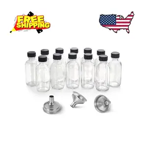 12 Pack, 2 oz Small Clear Glass Bottles w/Lid & 3 Funnels - 60ml