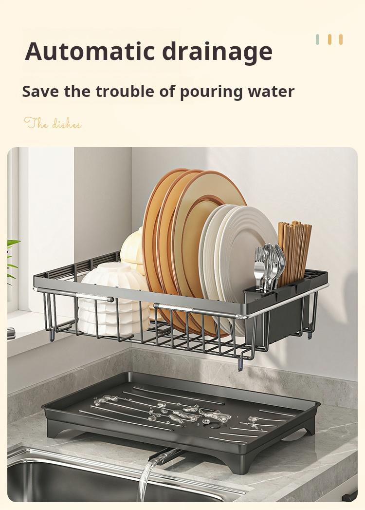 Expandable Kitchen Sink Drying Rack with Auto Drain – Adjustable Dish Rack for Countertop, Space Saving Utensil & Plate Organizer, Multi-Purpose Drying Rack for Dishes, Fruits & Kitchenware