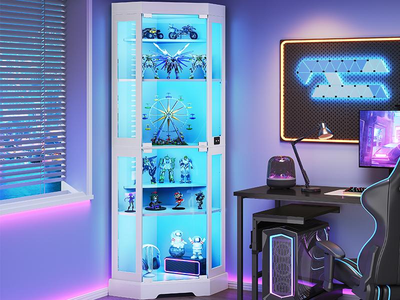 HOOBRO Corner Display Cabinet with Glass Doors, Corner Cabinet with 3 Color LED Lights, Curio Storage Cabinet with Adjustable Shelves, Bookcase, for Living Room, Hallway, Bedroom, Black