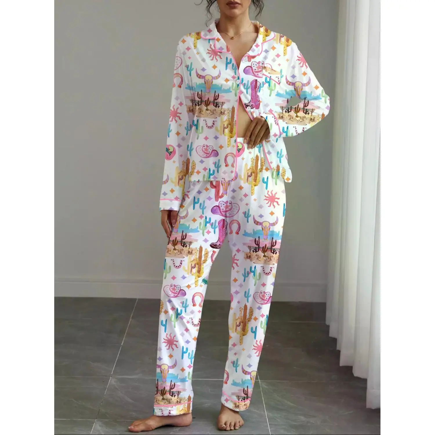 Women's Western Cowboy Culture Printed Pajama Set, Long Sleeve Lapel Top & Elastic Pants, Casual Home Wear, All Seasons Comfortable Sleepwear