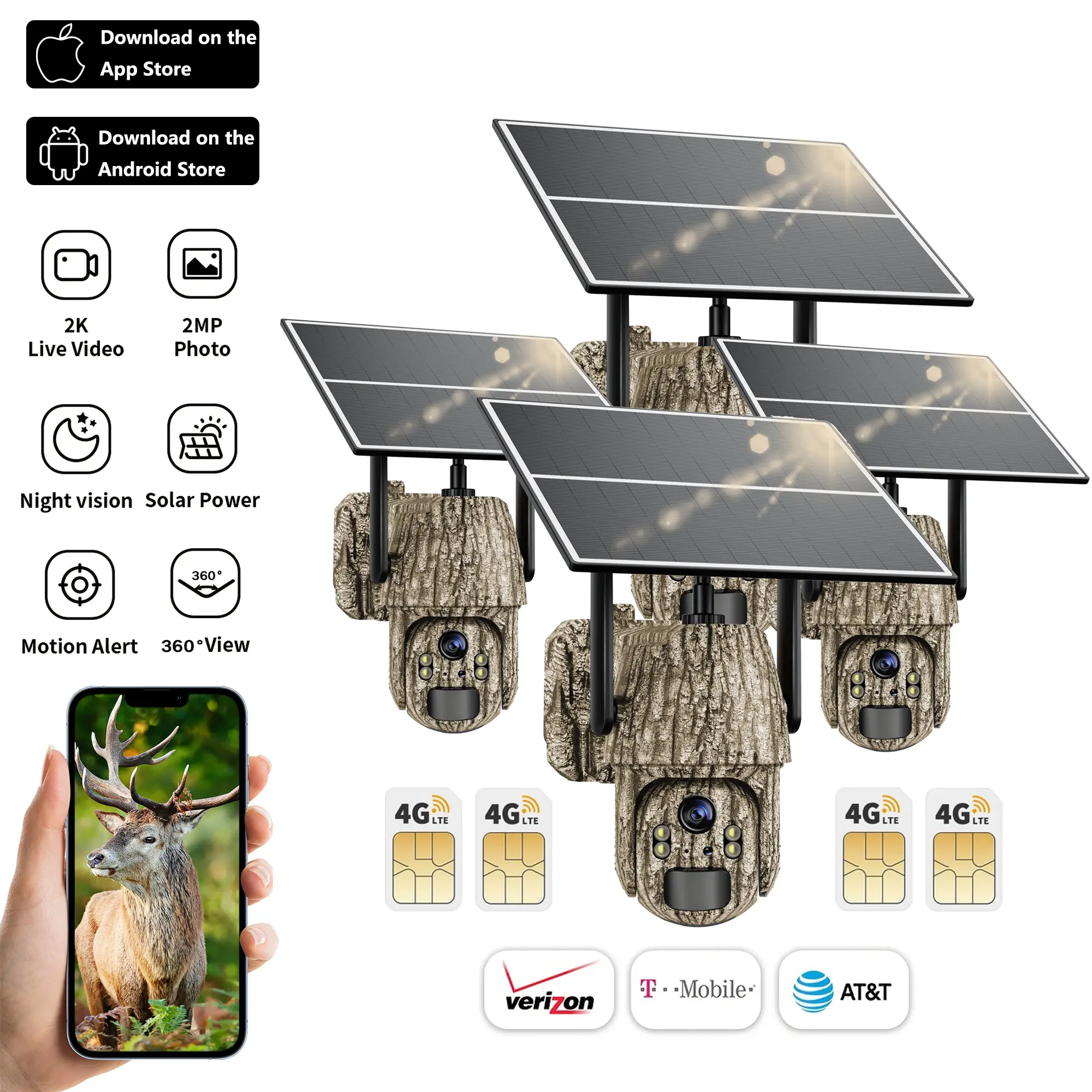 Cellular Trail Cameras 3rd- 4G LTE SIM Card, Support Unlimited Data Plan, 2K Live Streaming, 360 °   Rotating Viewing, Motion Activated, Remote Access, Solar Powered Game/Deer Camera