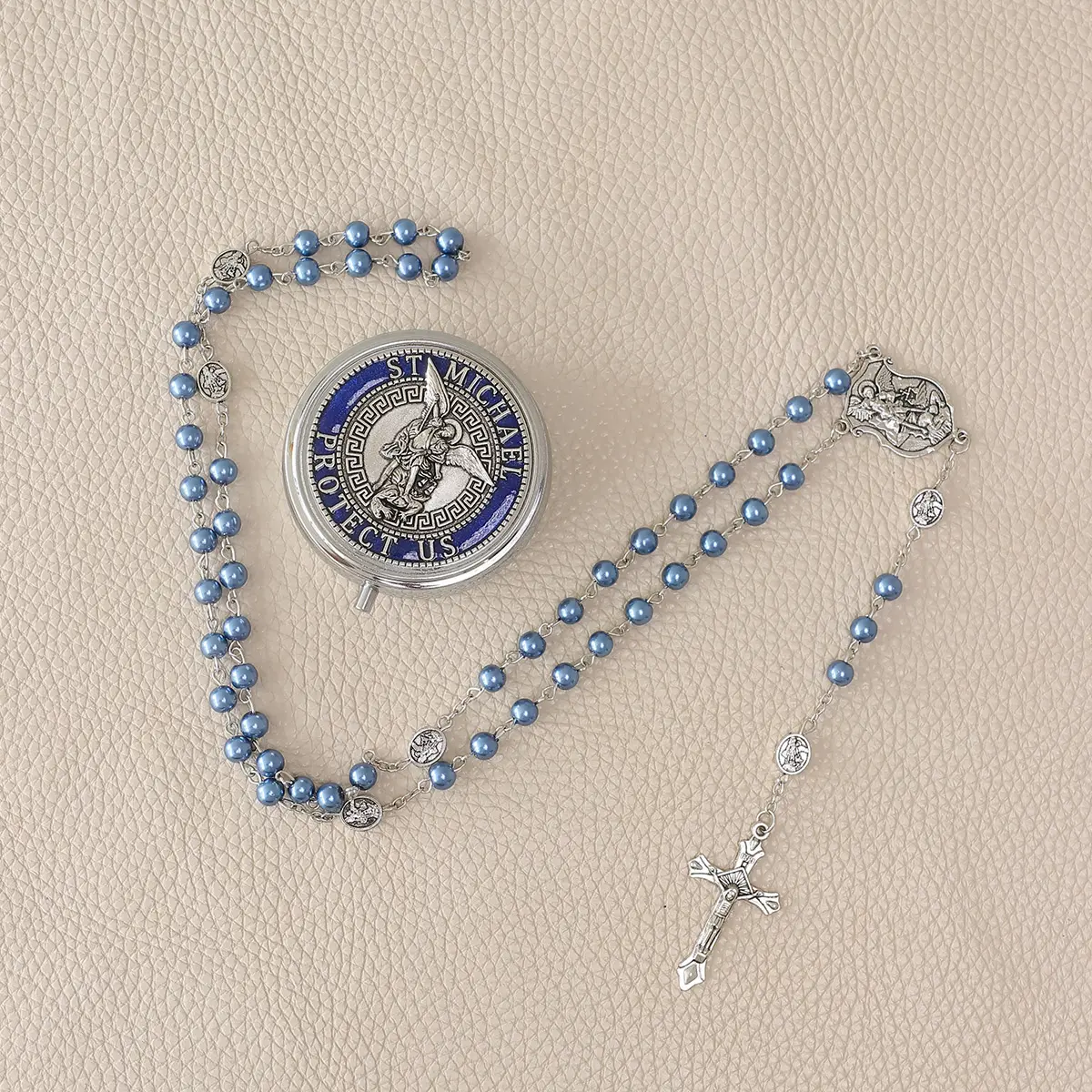 Saint Michael the Archangel Glass Blue  Beads Catholic Rosary Necklace with Metal Gift Box for Men in Metal Gift Box
