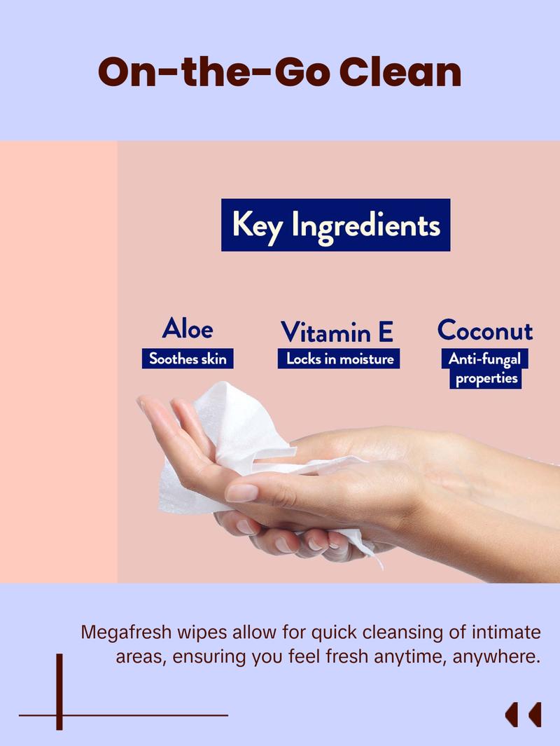 Megababe Megafresh Wipes | Unscented Cleansing Wipes for the Intimate Area | pH Balanced, Front & Back Use | 16 Individually Wrapped Wipes (Pack of 1)