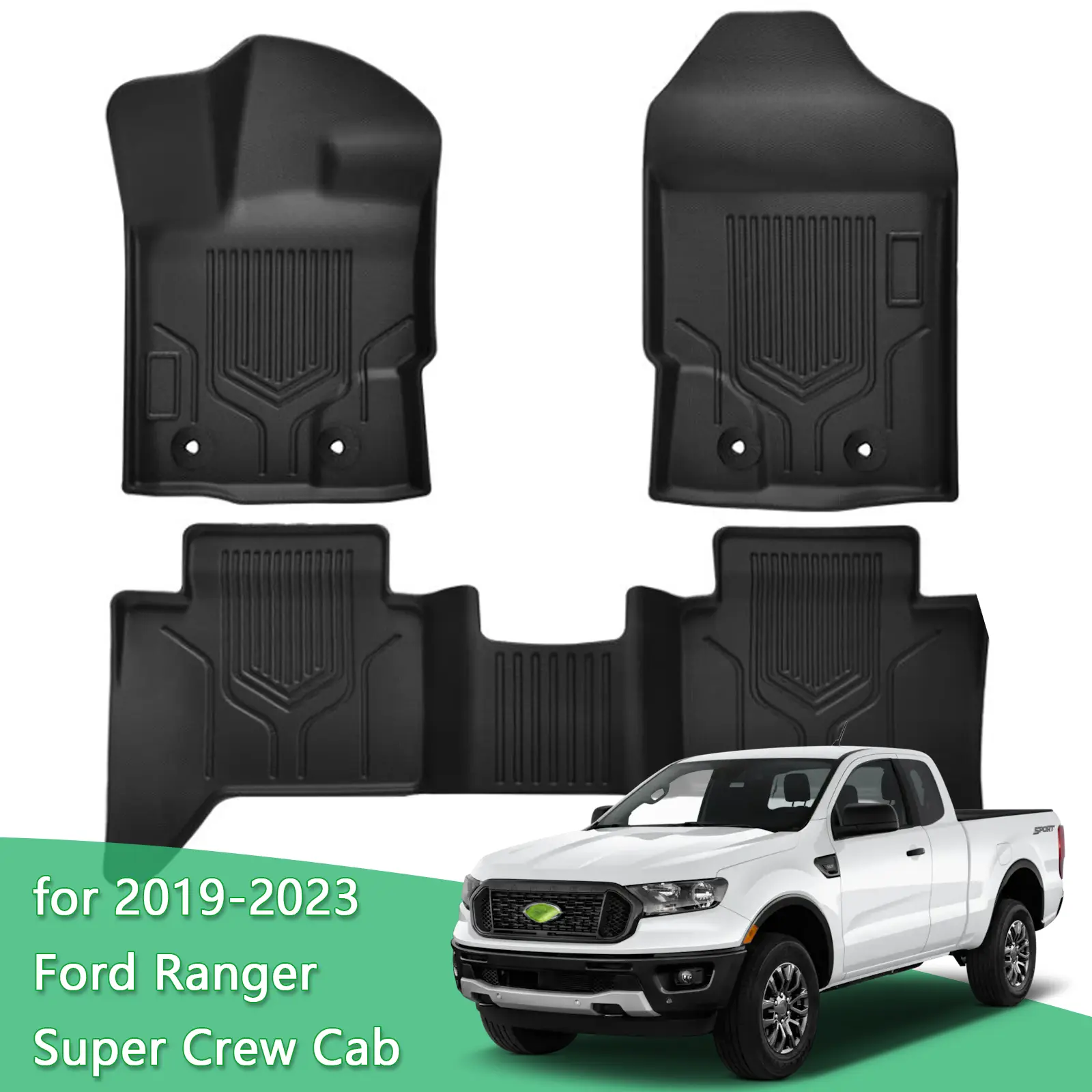 KUST Custom Fit Floor Mats for 2019-2023 Ford Ranger Super Crew Cab 3PCS TPE All Weather Protection Black Liners Raised Edges Waterproof Easy Clean Car Interior Accessory