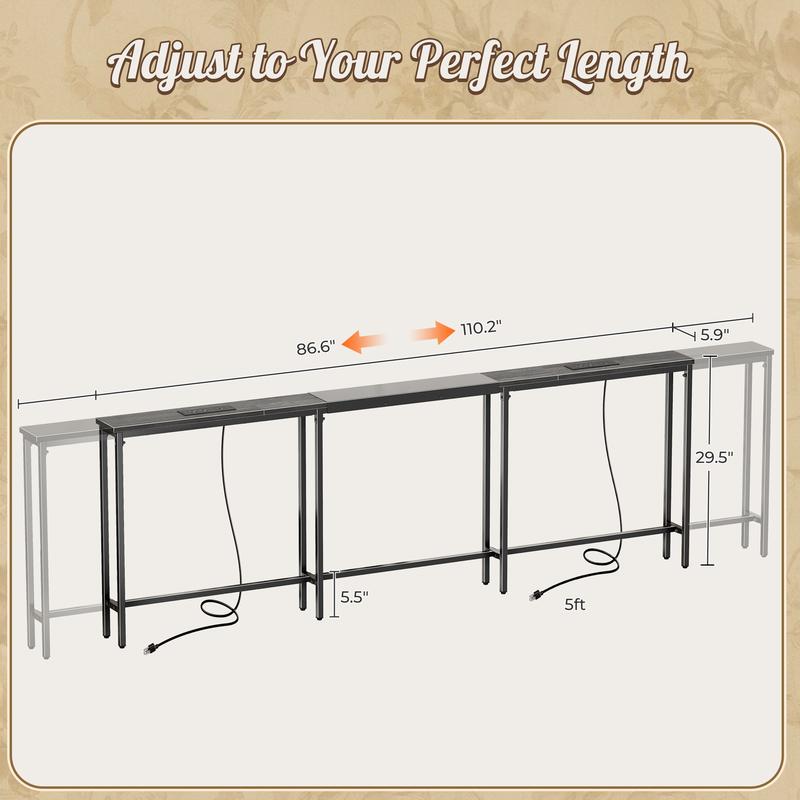 Huuger Narrow Sofa Table with 2 Power Outlets, 63-86.6 Inch Adjustable Length, Behind The Couch Table with USB-C Ports, Long Entryway Console Table, Anti-tip Kit, for Hallway Entry