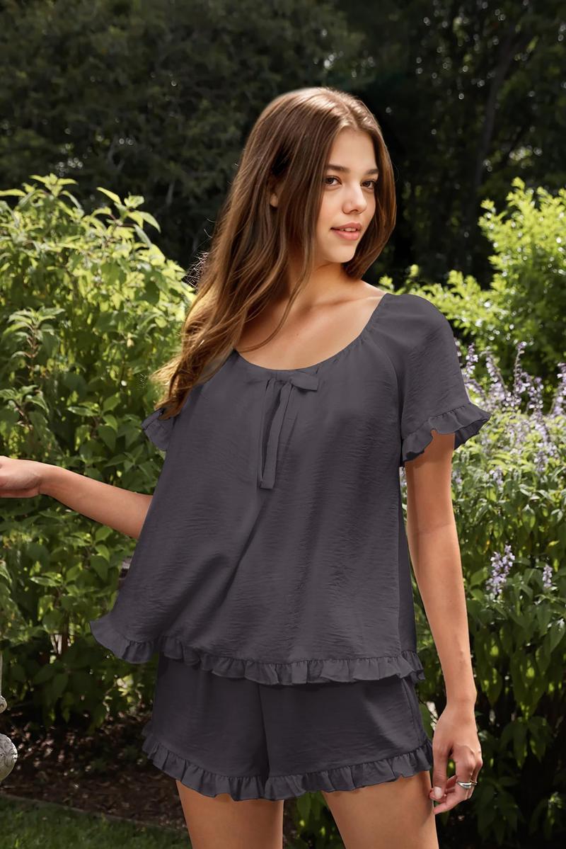 KFUBUO Womens Pajamas Set 2 Piece Ruffle Pj Soft Short Sleeve Tops and Shorts Sleepwear Set Cute Pajama Sets for Women