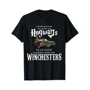 Black T Shirt With Hogwarts And Winchesters Hunting Graphic For Fans Of Harry Potter And Supernatural Tv Series Casual Wear For Men And Women