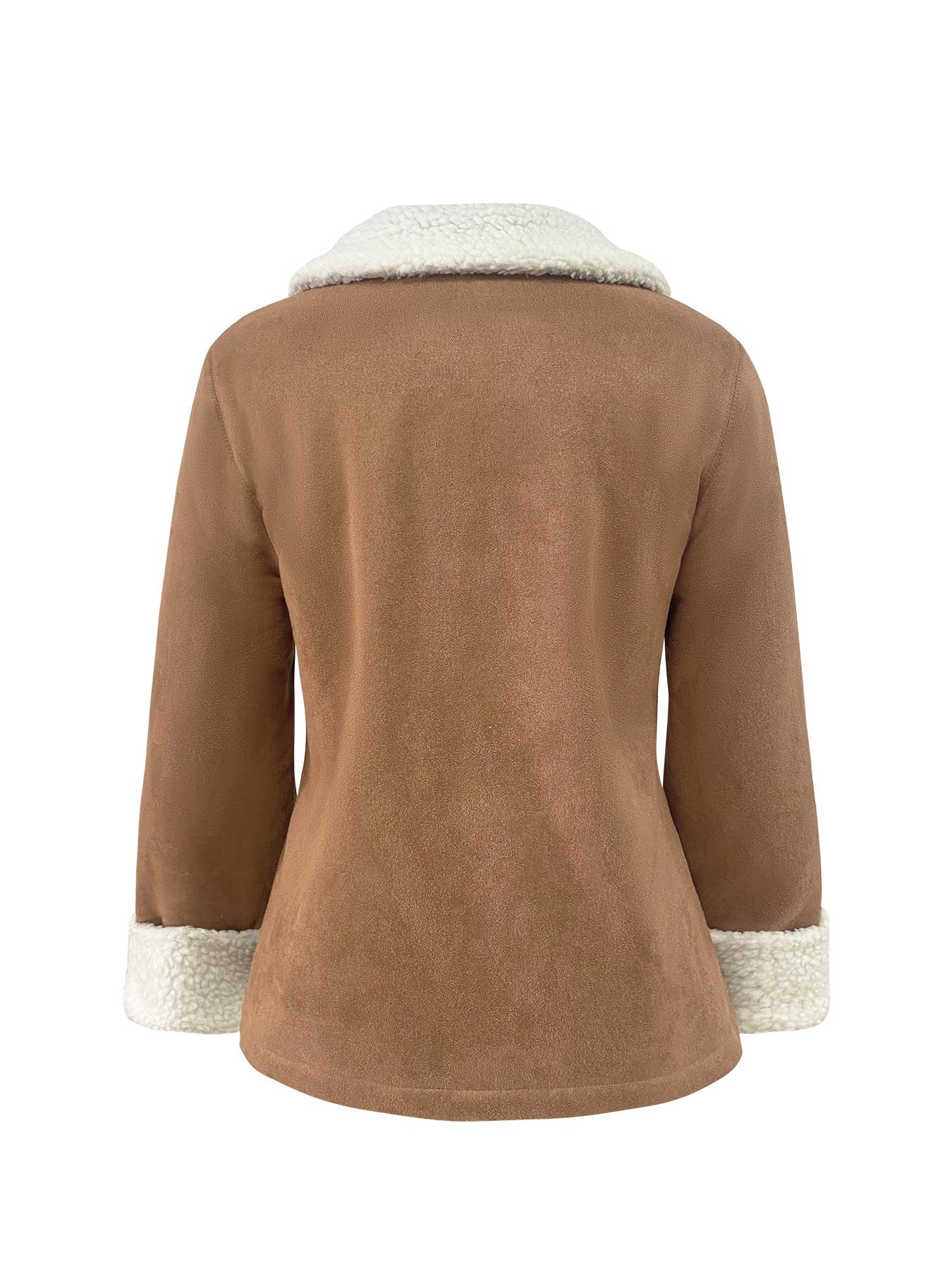 Aswulk Women's western denim retro lambskin patchwork warm suede jacket with pockets