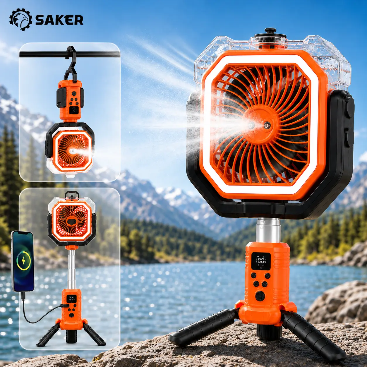 Saker Upgraded Portable Camping Mist Fan - 20000mAh Rechargeable Outdoor Fan with Adjustable Tripod, Hook, LED Lighting, 4-Speed Settings, Digital Display, Timer, Automatic Oscillation, Lightweight Summer Essential