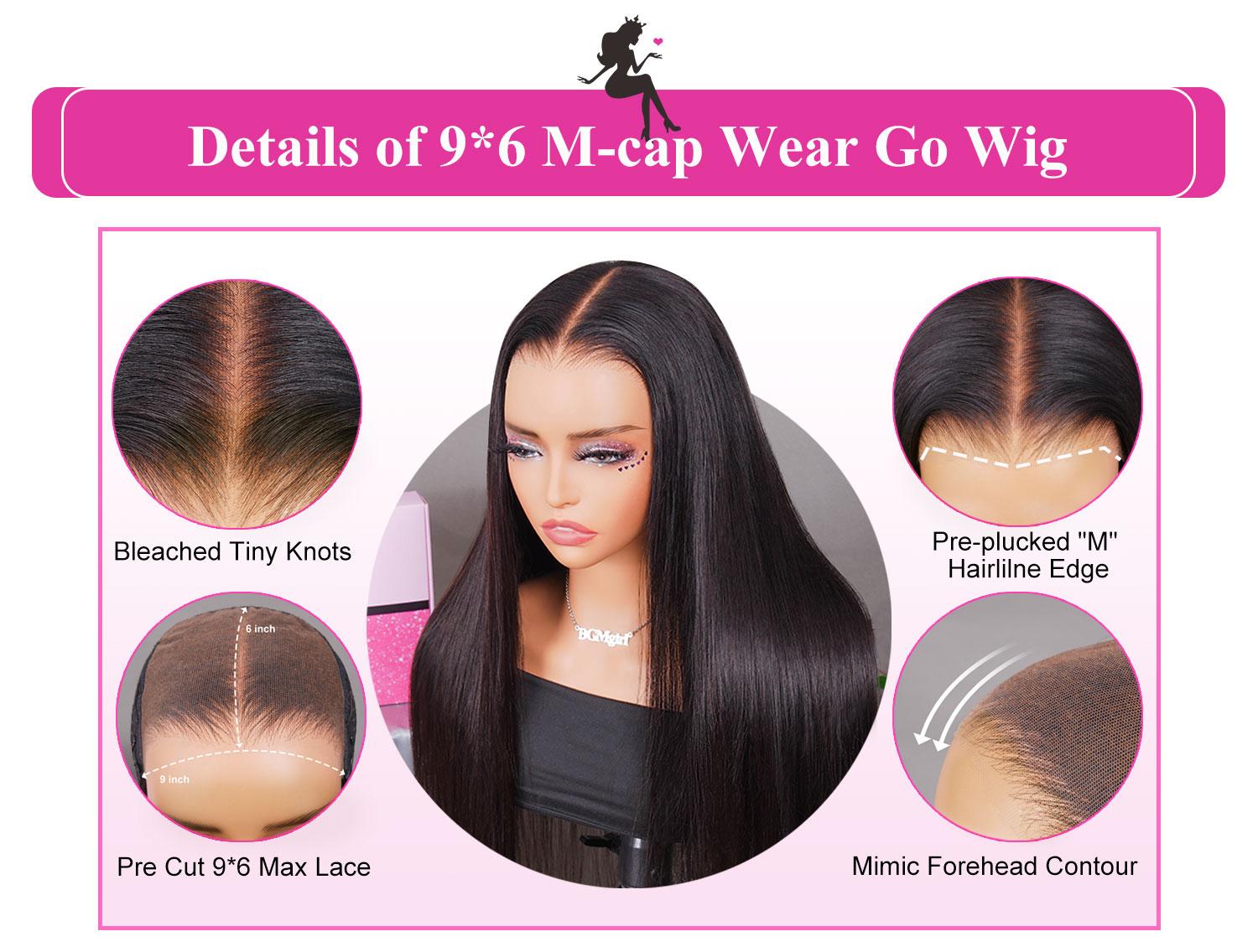 BGMgirl Hair M-cap 9x6 Straight Wear Go HD Lace  Glueless Pre-Bleached Knots 180% Density Pre Plucked Hairline Human Hair Frontal Wig TikTokShopfalldealsforyou