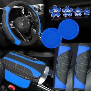 Car Accessories Set 10pcs, Sport PU Leather Steering Wheel Cover 14.5-15inch Universal, Car Center Console Cover, Seat Belt Cushion, Cup Holder Coaster, Daisy Vent Clips - Value-Added Combo Set, Non-Slip Breathable All-Season Interior Decor Gift for Most
