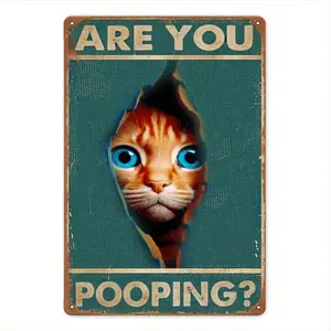 Whimsical Orange Cat Are You Pooping Tin Sign Vintage Metal Wall Art Humorous Bathroom Decor Ideal for Christmas and Halloween Cat Decor