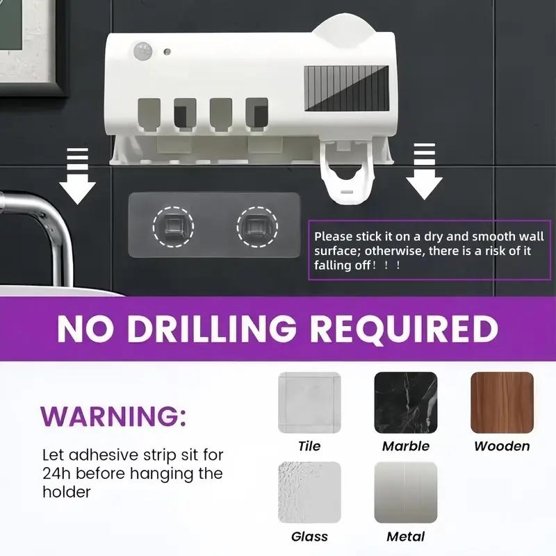 UV Toothbrush Sanitizer Wall Mount, 4-Slot Toothbrush Holder with Automatic Toothpaste Dispenser, No-Drill Installation, IPX5 Waterproof Organizer for Electric & Manual Toothbrushes, Family Size UV Toothbrush Sanitizer Wall Mount, 4-Slot Toothbrush Holder with Automatic Toothpaste Dispenser, No-Drill Installation, IPX5 Waterproof Organizer for Electric & Manual Toothbrushes, Family Size