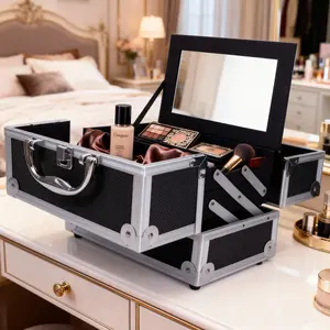 Makeup Bag With Led Mirror Travel Jewelry Box Cosmetic Organizer Vanity Cases Train Large For Nail Organizers And Storage Aluminum Case with Girls Black Fashion Accessories Jewelry Makeup Set