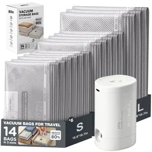 Cordless Travel Vacuum Storage Compression Bag Set with Rechargeable Air Pump, 14 Pack Waterproof & Reusable Compression Packing Bags for Travel, Vacuum Storage Bags for clothes, Space Saver Vacuum Bags for Luggage and Suitcase with USB Electric Pump